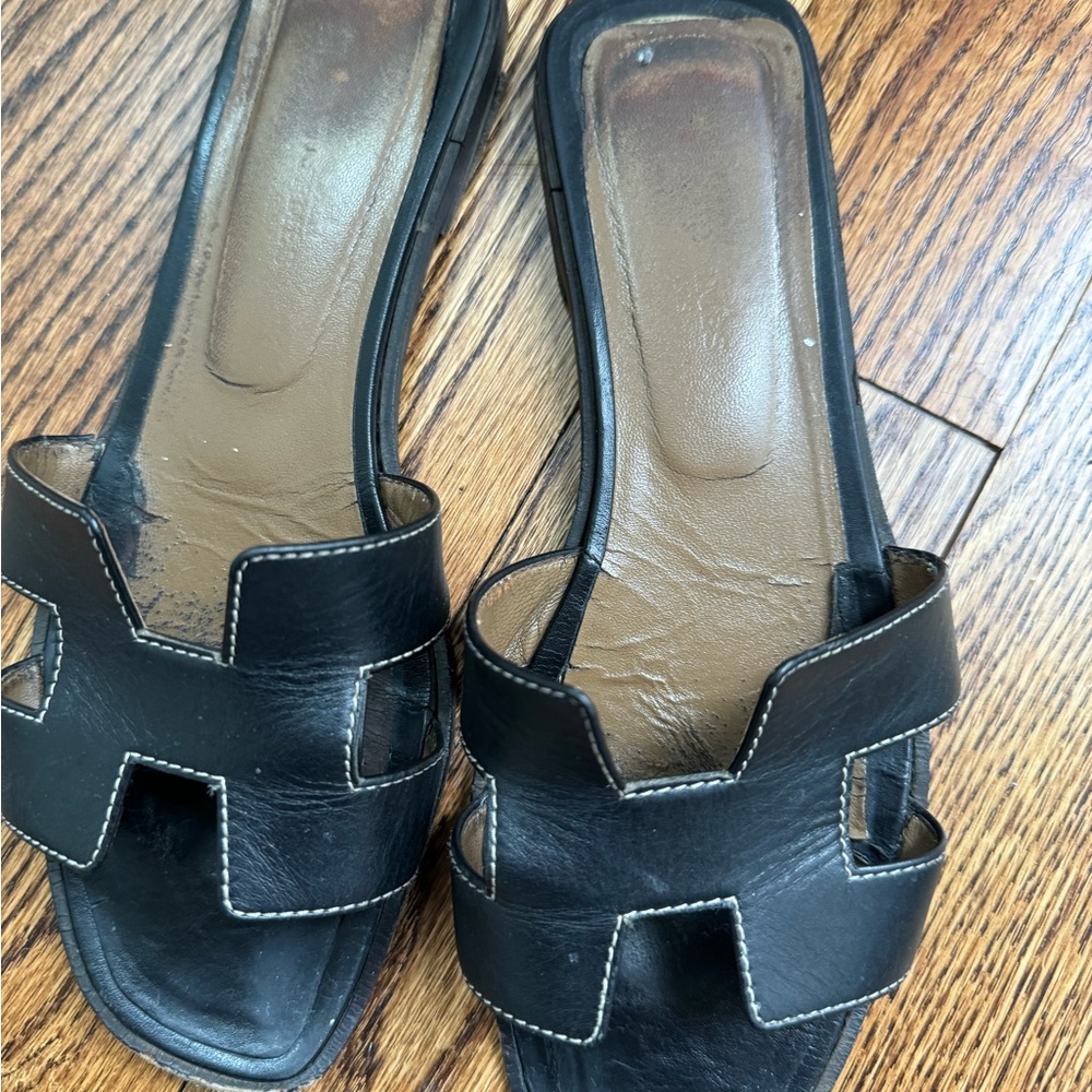 Hermes Black and Brown Leather Sandals H Cutout